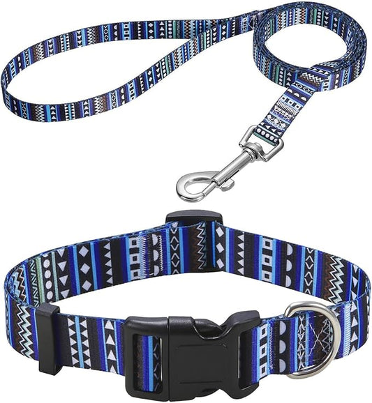 Dog Collar and Leash Set with Bohemia Floral Tribal Geometric Patterns - Soft Ethnic Style Collar Adjustable for Small Medium Large Dogs(Bohemian Blue Set,S)
