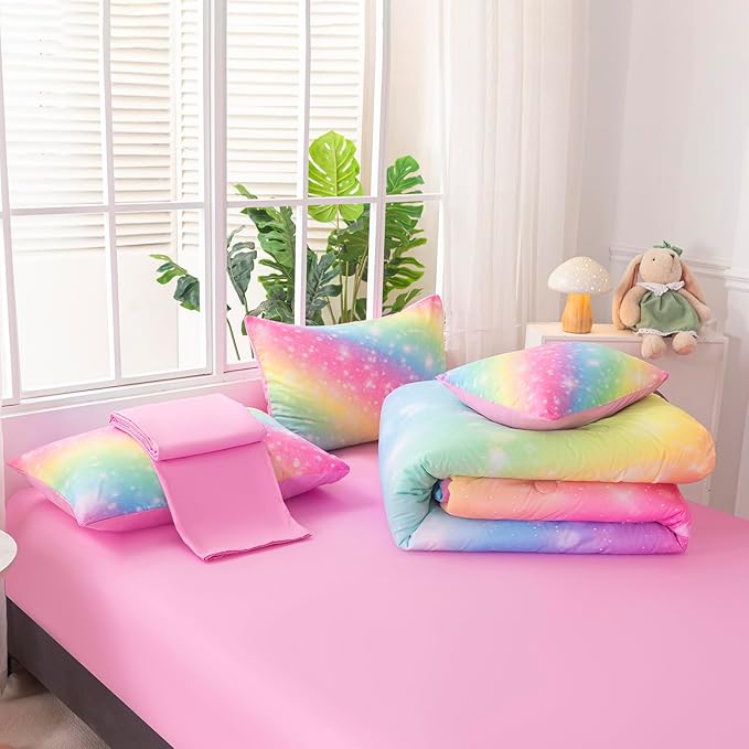 6Pcs Twin Size Comforter Set for Girls Kids, Gradient Rainbow Glitter Girls Bedding Set with Sheets, Soft & Breathable Kids Bed for Gift Bedroom Decor