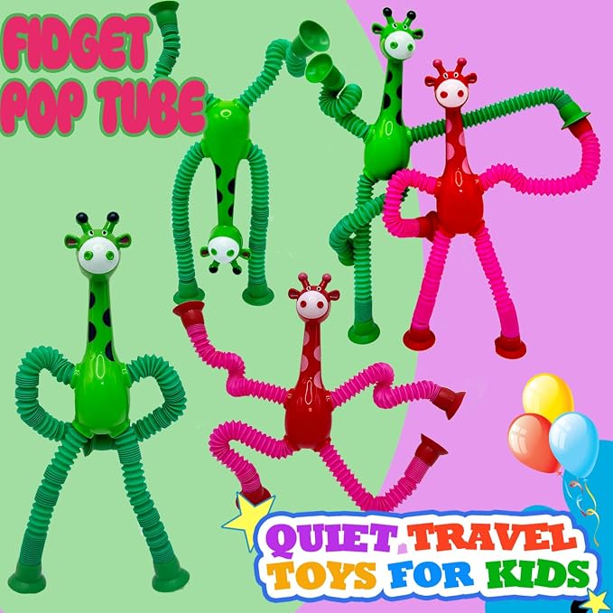 Giraffe Fidget Toys 12 Pack, Sensory Travel Toy with Suction Cups, Stretchy Pop Tubes for Kids, Autism Sensory Toys, Stress Relief Fidget Toys for Boys Girls Ages 3-8, Easter Christmas Birthday Gifts