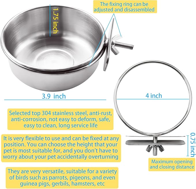 MotBach 3 Pack Bird Feeding Bowls Cups Parrot Food Water Dishes, Stainless Steel Bird Bowl Cup Dish with Clamp, Birdcage Feeder Pet Cage Bowls for Cockatiel Budgie Conure Macaw Parakeet Small Animal