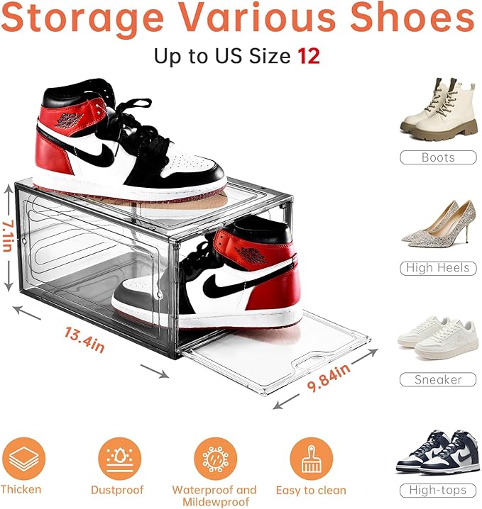 12 Pack Gray Transparent Shoe Storage Organizer, Stackable Shoe Boxes for Closet, Drop Front Plastic Shoe Box with Grey Door, Easy to Assemble, Fit up US Size 12(13.4”x 9.8”x 7.1”)