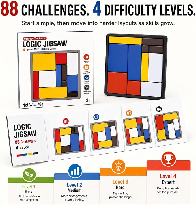 2 Pack Logic Puzzle Brain Teaser Game for Kids and Adults, 2 Complete Sets with 88 Challenges Each, 4 Difficulty Levels, Portable Travel Brain Game, Screen-Free Learning by Sooshoom