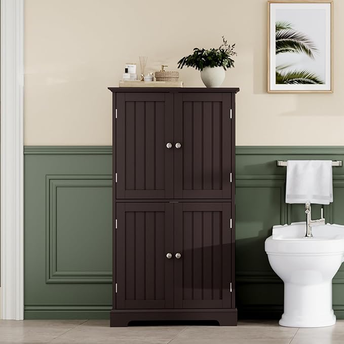 ChooChoo Bathroom Floor Cabinet, Modern Bathroom Storage Cabinet with 4 Doors and Adjustable Shelves, Freestanding Cupboard for Living Room, Espresso