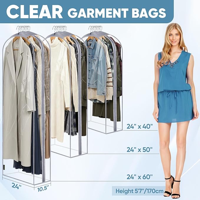 BALEINE 50'' Clear Garment Bags for Hanging Clothes, 10.5'' Wide PEVA Suit Bag for Closet Clothes Dresses Coat (Clear, 6PK)