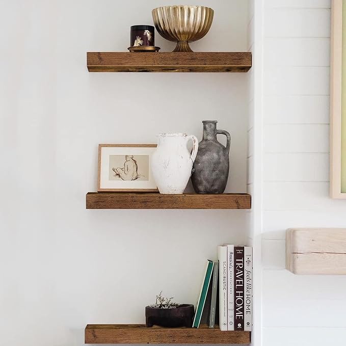 QEEIG Floating Shelves for Wall Bathroom Shelf Bedroom Kitchen Living Room Hanging Book Shelves Small Farmhouse Decor 16 inch Set of 3, Rustic Brown (015-BN3)