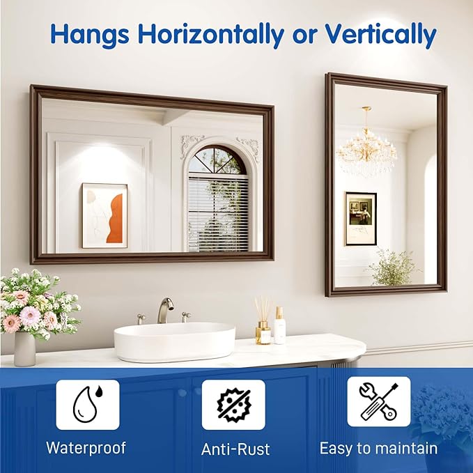 WEER Retro Copper Bathroom Mirror, 24x36 Inch Bronze Oil Rubbed Framed Mirror, Rectangle Classic Vintage Framed Wall Mirror, Farmhouse Vanity Mirror, Tempered Glass, Vertically or Horizontally