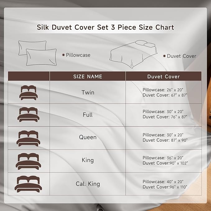 THXSILK 100% Pure Mulberry Silk Duvet Cover Set 3 Piece, 6A+ Grade Luxury Soft Bedding Silk Sheets for Hair and Skin, 1 Pcs Duvet/Quilt/Comforter Cover with 2 Zippered Pillowcases (Grey, Cal. King)