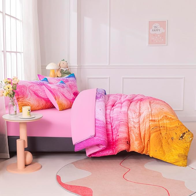 4Pcs Tie Dye Full Size Comforter Set for Girls Kids, Colorful Girls Bedding Set Full, Soft Kids Bed in A Bag (1 Comforter, 1 Flat Sheet, 2 Pillowcases)