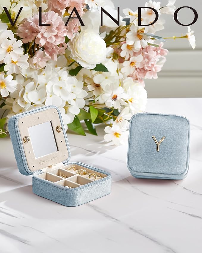 Vlando Travel Gifts 2025, Travel Jewelry Case for Girl Women, A Initial Jewelry Case, Mini Jewelry Travel Organizer Travel Essentials for Gifts for Friend Teen Girls - Letter A, Blue
