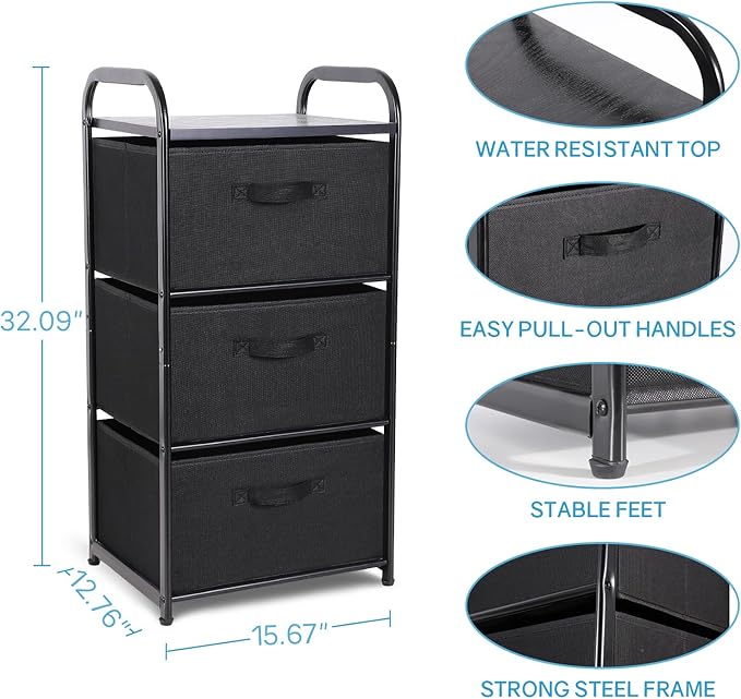MAX Houser Dresser Storage with 3 Easy Pull Fabric Drawers, Fabric Dresser Tower,Vertical Storage Unit for Bedroom,Chest of Drawers with Metal Frame, Wooden Tabletop, for Living Room, Closet (Black)