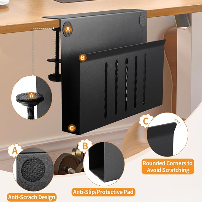 Desk Side Storage with Pen Holder, No Drill Hanging Desk Organizer Under Desk Storage Mount, Clamp-On Laptop Holder Table Side Tray Desktop Organization for Office and Home (Black)