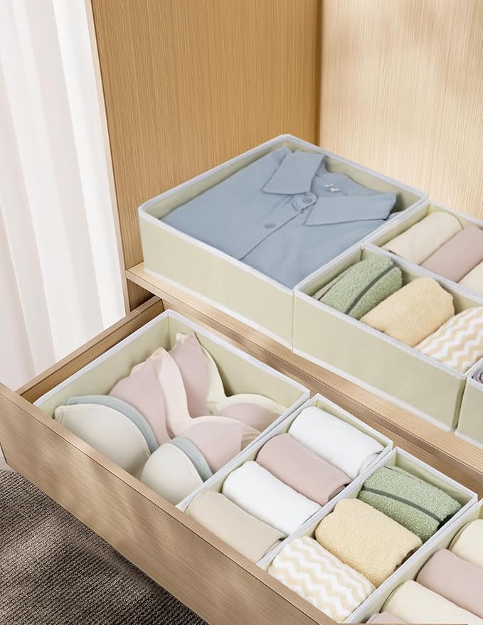 Drawer Organizer Clothes, Foldable Fabric Dresser Organizer Closet Organizers and Storage Box for Underwear,Folded Clothes,Baby Clothing,Socks,Bra,Towels,Ties(12 Pack,Yellow)