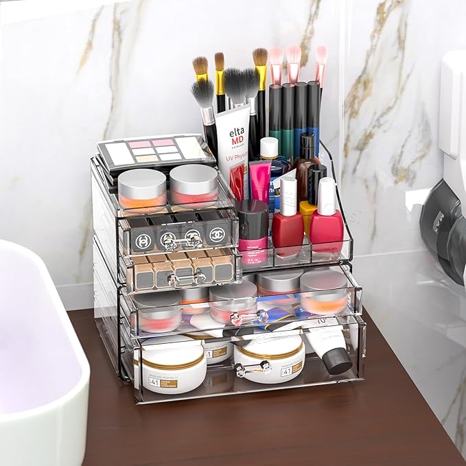 SUOXING Clear Acrylic Makeup Organizer for Vanity,Bathroom,Dresser,4 Drawer Make up Organizers for Counter,Plastic Countertop Makeup Storage for Beauty,Hair Accessory,Brush,Cosmetic,Skincare Organizer