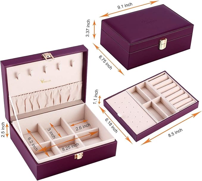 Voova Jewelry Box Organizer for Women Girls, 2 Layer Large Men Jewelry Storage Case, PU Leather Display Jewellery Holder with Removable Tray for Necklace Earrings Rings Bracelets, Vintage Gift, Purple