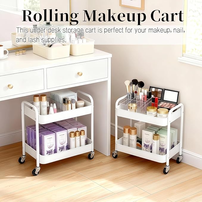 2 Tier Metal Rolling Cart with Wheels for Under Desk Storage & Pantry Storage, High Load-Bearing Kitchen Utility Cart for Small Space, Laundry Room Organization Side Table with 4 Hooks, White