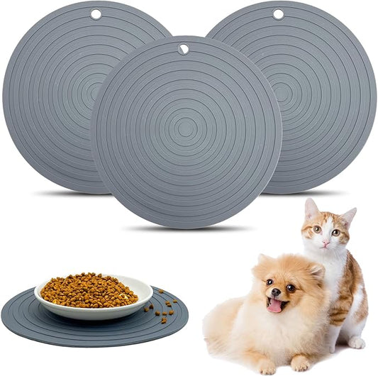 Fhiny 3PCS Silicone Pet Food Mat, 9.5" Round Waterproof Non-Slip Dog Cat Bowl Placemat Preventing Feed and Water Overflow Suitable for Medium Small Bowl Dish Plate for Small Animals Protect Floor
