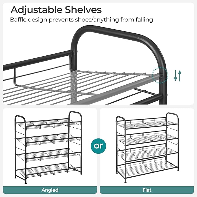 SONGMICS Stackable Shoe Rack, 4 Tier Metal Shoes Rack Storage Shelf, Holds up to 20 Pairs Shoes, Adjustable Slanted Shelves Shoe Tower Organizer for Closet Entryway Small Spaces, Black