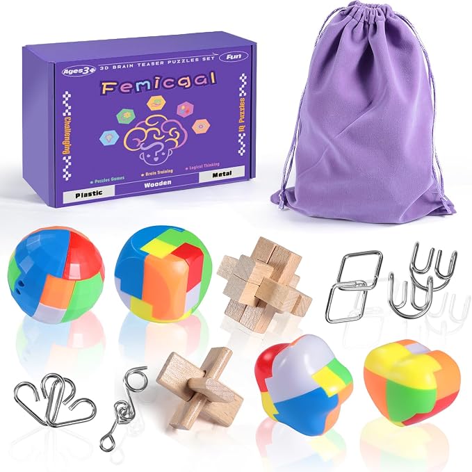 Brain Teaser Puzzles for Adults and Kids, 10Pcs Puzzle Games Set, 3D Wooden Plastic Metal Puzzle, Unlock Interlock Mind Brain Games, IQ Test Educational Toy