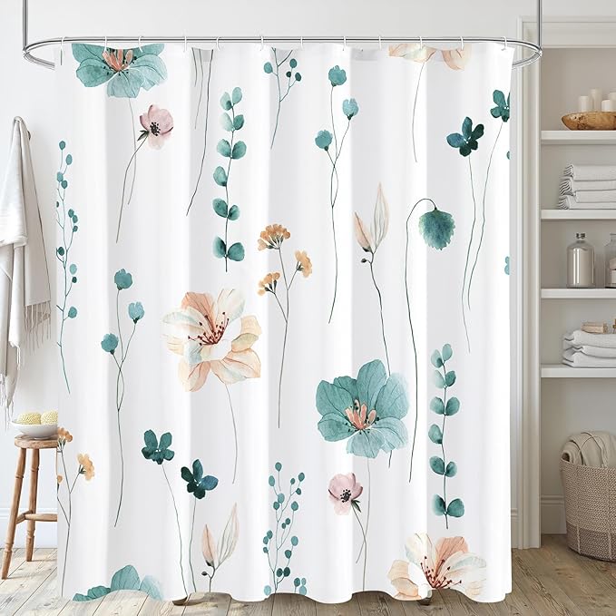 Gibelle Watercolor Floral Shower Curtain, Teal Beige Flower Shower Curtain for Bathroom, Modern Minimalist White Waterproof Fabric Shower Curtain Set with Hooks 72x72 Inch