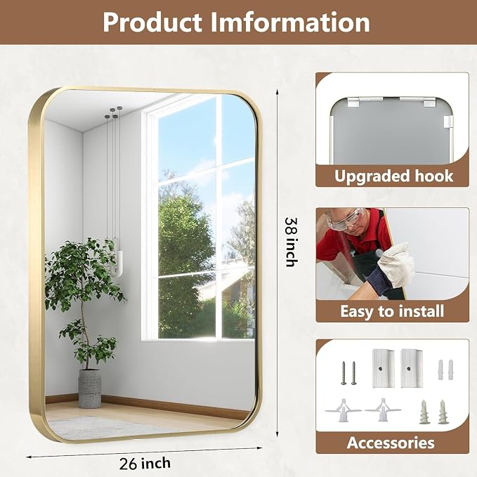 26x38 Inch Gold Bathroom Mirror, Brushed Brass Gold Metal Framed Rectangular