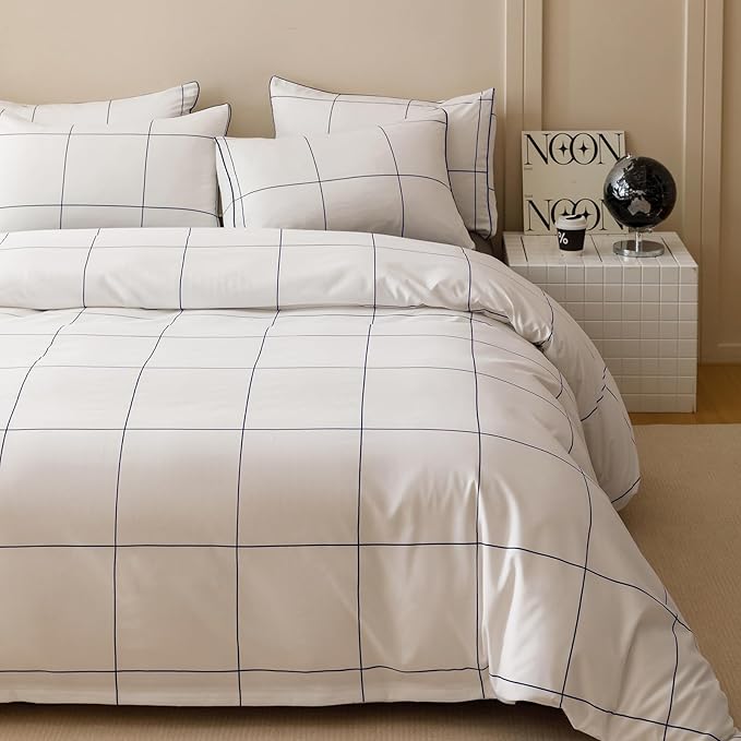 KAREVER White Grid Comforter Full Women Navy Blue Square Lines Checkered Bedding Set Full White Plaid Comforter Full Size