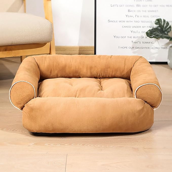 Suede Sofa Dog Bed, Multiple Sizes Orthopedic Memory Foam Mattress, Durable and Calming, Washable Dog Bed with Anti-Slip Bottom M Khaki