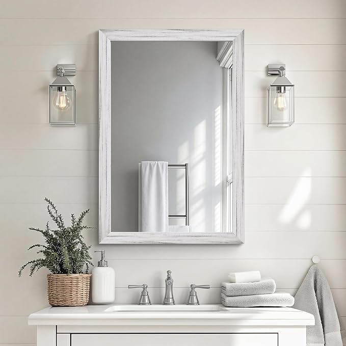 White Wood Effect Framed Wall Mirror, 20x30 Rectangle Mirror, Anti-desilvering