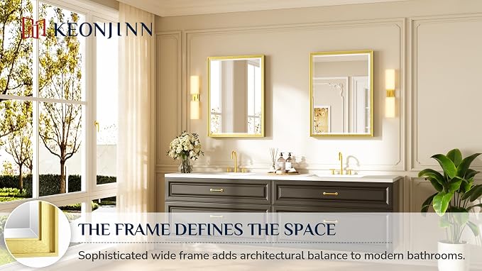 Keonjinn 24" x 32" Brushed Gold Bathroom Vanity Mirror, Aluminum Alloy Frame