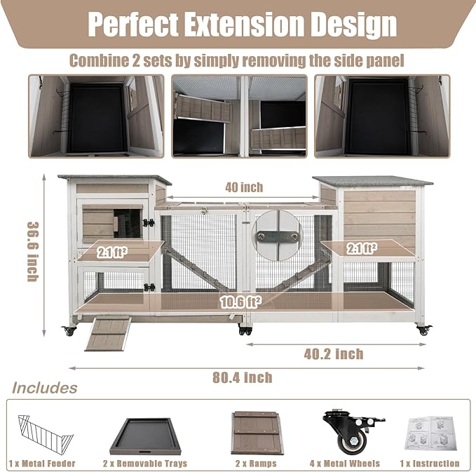 PetsCosset Rabbit Hutch Indoor 40" L Large 2 Story Outdoor Wooden Bunny Hutch with Run, 4 Metal Wheels & 2 Deeper Trays, UV-Proof Panel Rabbit Cage Guinea Pig Pet House for Small-Medium Animals