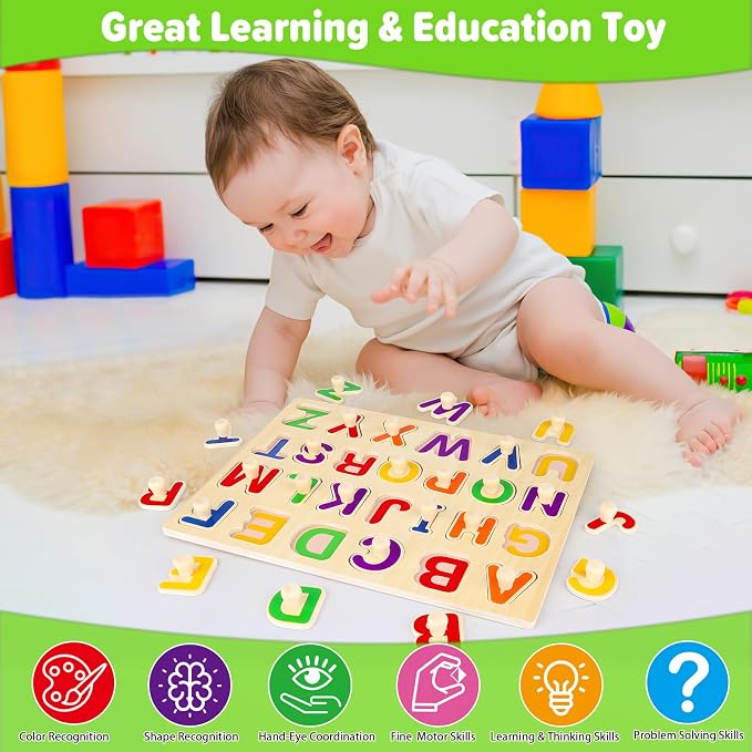 Jumlys Montessori Toys for Toddlers 1, 2, 3 Year Old, Wooden Alphabet Puzzles for Kids 1-3, Early Learning & Educational ABC Puzzle Toys, Perfect Christmas Birthday Gifts for Boys & Girls Age 1-3