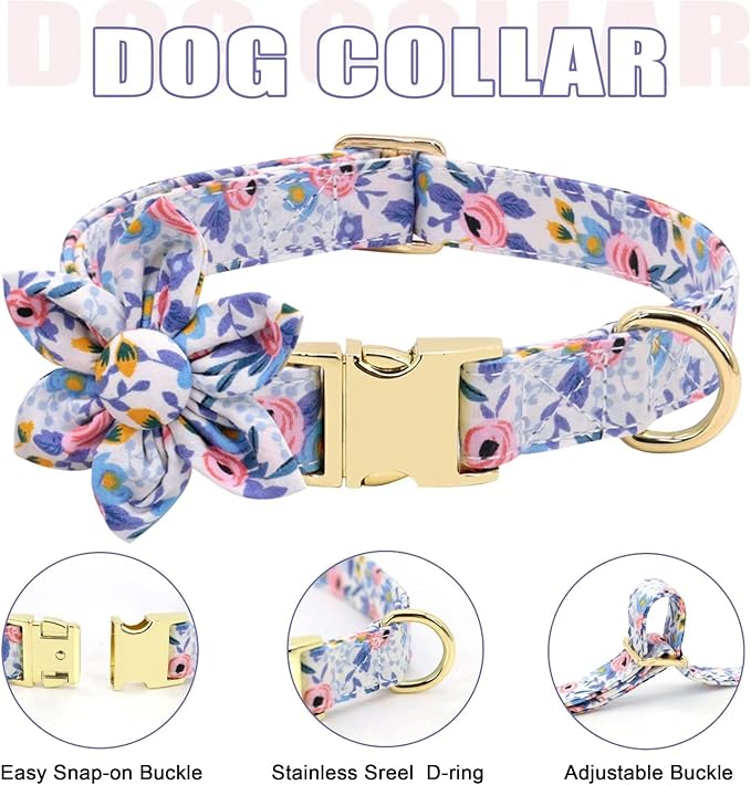 Beirui Cute Girl Dog Collars, Harnesses & Leashes Set - Adjustable Dog Collar and Leash Set with Flower - Soft Mesh Dog Vest Harness for Puppies Small Medium Dogs (Blue,M)