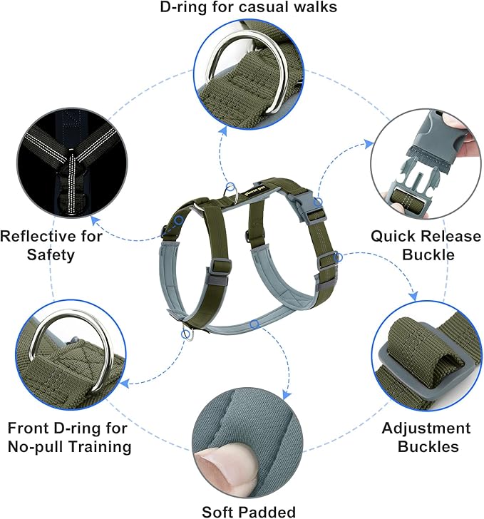 Plutus Pet No Pull Dog Harness, Adjustable Nylon Harness with Soft Padding, Reflective and Heavy Duty Dog Harness for Small, Medium, Large Dogs(Ranger Green, S)