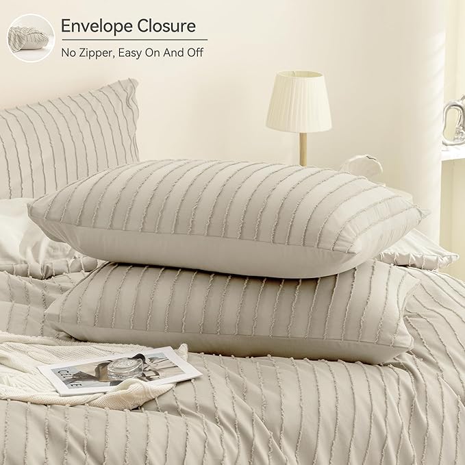 JELLYMONI Duvet Cover Super King Size Light Khaki - 3PCS Boho Striped Duvet Cover Set Polyester Tufted Bohemian Textured Comforter Cover 116×98in with Corner Ties & Zipper and 2 Pillowcases
