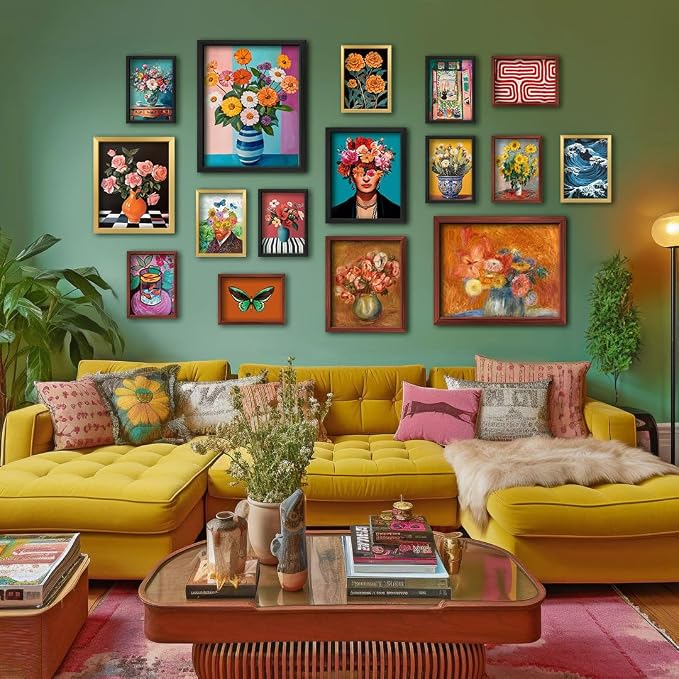 16 PCS Framed Eclectic Wall Art Decor, Mid Century Modern Maximalist Home