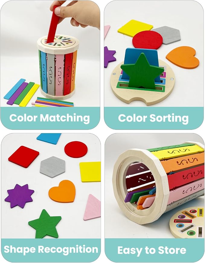 Wooden Sorting Toys Montessori Color & Shape Sorter Preschool Learning Activities Fine Motor Skills Sensory Toys for Toddlers 2-5 Birthday Gifts for Boys and Girls (Colorful-Round)