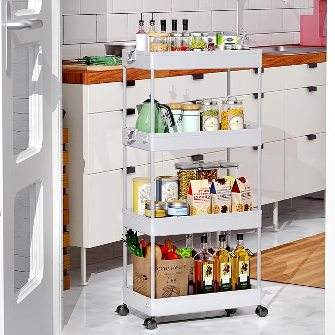 SPACEKEEPER Storage Cart, 4-Tier Mobile Shelving Unit, Bathroom Rolling Cart Utility Storage Organizer Shelf for Kitchen Living Room Bathroom Laundry Room & Dressers, Gray