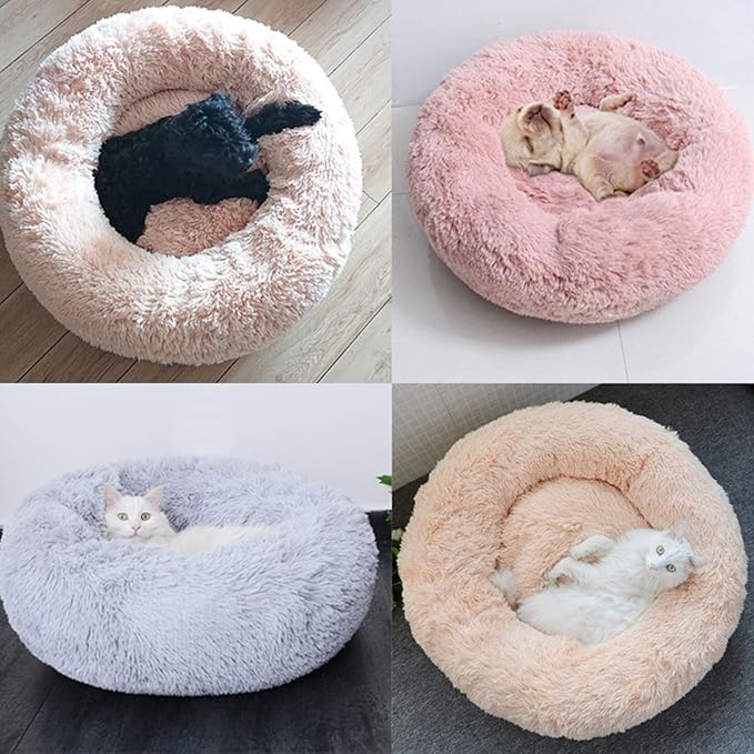 huraty Plush Calming Dog Bed, Faux Fur Donut Cuddler Bed for Cats, Anti-Skid & Anti-Anxiety, 20 Inch for Puppy and Kitties, Gold, S
