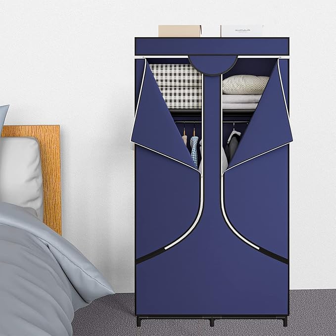 SORCEDAS Portable Wardrobe Closet Storage Organizer Metal Hanging Rack Non-Woven Fabric 34 Inch Coffee (34 Inch, Blue)