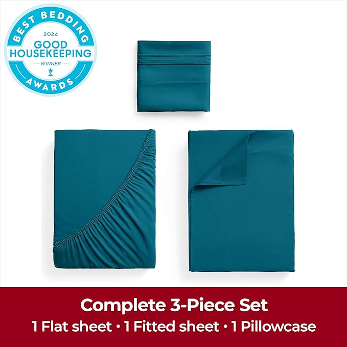 Mellanni Twin Sheets Set - 3 PC Iconic Collection Bedding - Hotel Luxury, Extra Soft, Cooling Bed Sheets - Wrinkle, Fade, Stain Resistant (Twin, Teal)