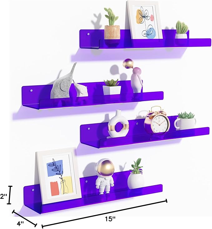 upsimples Acrylic Shelves for Wall Decor, 15" Display Shelf Perfume Organizer for Bathroom, Bedroom, Living Room, Floating Bookshelves for Kids, Clear Purple, 4 Pack