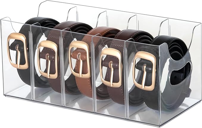 Belt Organizer - Clear Stackable Belt holder for Closet and Drawer Storage - 5 Compartments with Removable Dividers, Multi-Purpose Display Bins With Inserts For Ties, Socks, underwear (1)