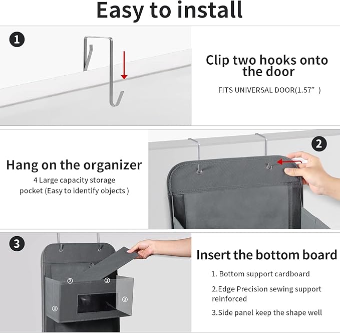 MAX Houser 5-Shelf Over The Door Hanging Organizer with 2 Metal Hooks, 5 Pocket Over The Door Wall Mount Storage with Clear Windows for Baby Nursery Bathroom Closet,Bedroom,Dorm,Diapers,Kids Toy(Gray)