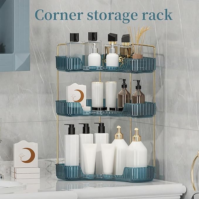 INVSSENE Corner Bathroom Countertop Organizer, Vanity Organizer Trays for Counter, Makeup Organizers, Perfume Tray, Skincare Shelf Storage Gifts for Women Girl Student (Blue, 3 Tiers)