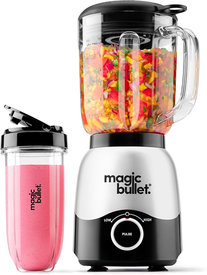 magic bullet Combo Blender, 600W, 48oz Pitcher, 16oz Cup with To-Go Lid, Easy Cleaning, Cross Blade, for Smoothies, Sauces, Shakes, Salsa, Hot Blends, Silver, MBF50200