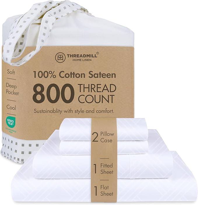 Threadmill Luxury 100% Cotton Queen Bed-Sheets - 800 Thread Count Jacquard Celine Hotel White, Better Than Egyptian Cotton,4 Pc Striped Bed Set, Damask Sheets with 16" Deep Pocket