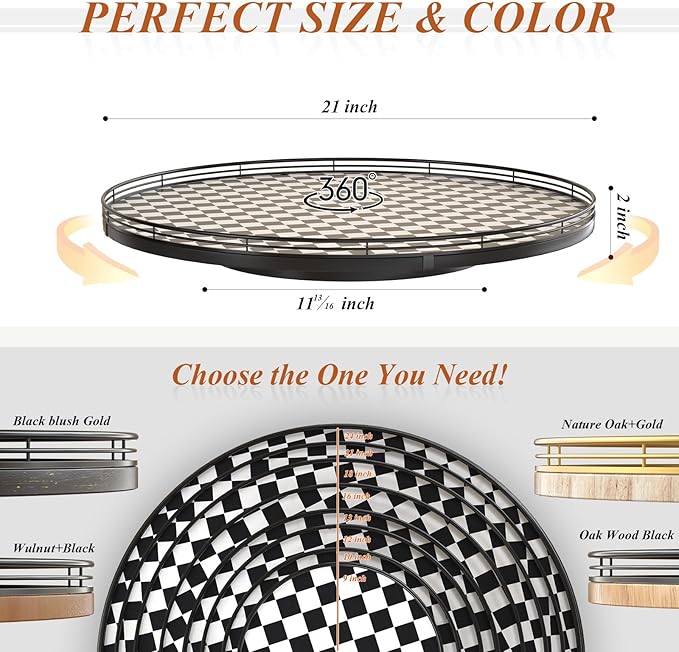 21" Black and White Kitchen Lazy Susan Turntable, Round Checkered Decorative Tray, Large Lazy Susan for Dining Table Centerpiece, Pantry, Kitchen, Bathroom, Countertop, Cupboard, Home Decor