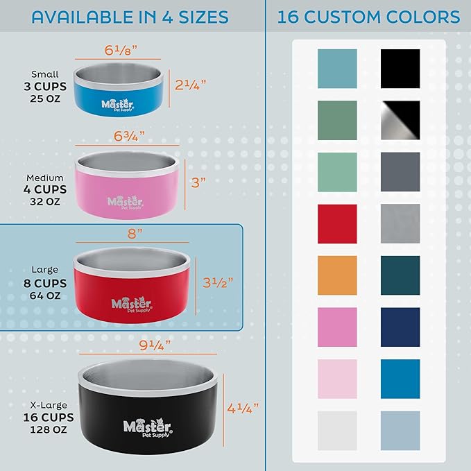 Master Pet Supply Stainless Steel Dog Bowls - 64 oz, Heavy Duty - Black Velvet, Double Wall Extra-Thick Insulated, Non-Slip Pet Water Bowl for Dogs, Cats & Pets, Anti Rust Metal, Dish Washer Safe