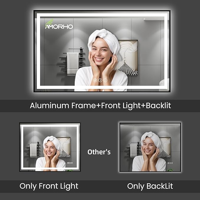 Amorho 32"x 32" LED Bathroom Mirror with Black Frame, Front Light and Backlit, Stepless Dimmable, Anti-Fog, Shatter-Proof, Memory, 3 Colors, Double LED Vanity Mirror