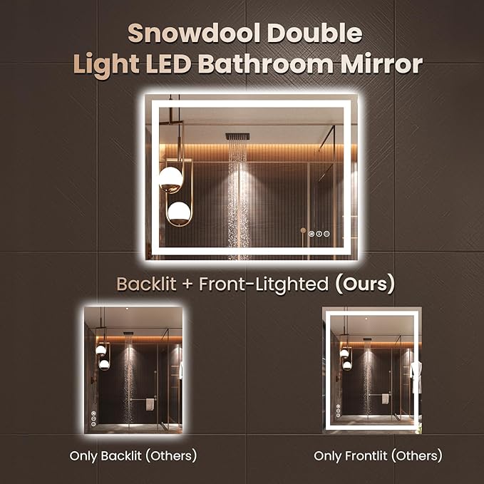 28"X36" LED Bathroom Mirror with Front Lights and Backlit, Anti-Fog, Dimmable, Shatter-Proof Tempered Glass, Lighted Bathroom Vanity Mirror for Wall with 3 Colors, Memory Function