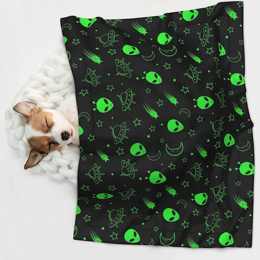 Pet Blanket for Couches and Beds, Green Alien Moon Spaceships Planet Black, Reversible Double Sided Plush Design with Soft Bumpy Texture and Smooth Surface, Furniture Protector